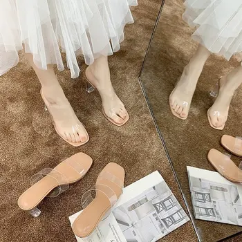 UUS 2019 suvel sõna läbipaistev vöö super kõrge kontsaga sandaalid naiste paksud crystal ja seksikas sandaalid ja sussid