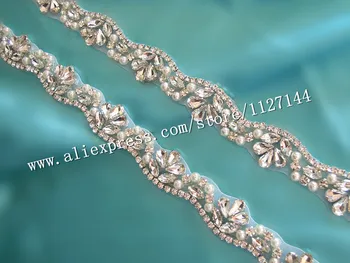 (10 meetrit) Hulgi-käsitsi õmblemine pruudi beaded hõbe kristall rhinestone pearl applique sisekujundus pulm kleit tiiva vöö WDD0394