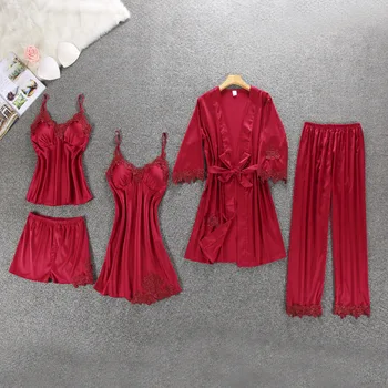 2018 aasta Sügisel Satiin Pidžaama Komplekt Naistele Elegantne 5TK Sleepwear Brändi Naiste Seksikas Pesu Pits Top Siidist Pidžaama Komplekt pyjama femme