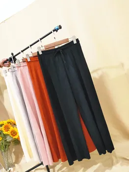 2018 uus PANT NAISTE TÜDRUK tahked värvi, plisseeritud lai jalg naine suvel kõrge talje sifonki pikk õpilased korea fashion vabaaja püksid