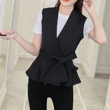2019 Kevad Sügis Naiste Must Vest Jope Mood Varrukateta Vabaaja Vest Koos Vöö Elegantne Särgid Mantel Ruffle Outwear R1019