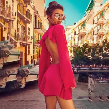 2019 Uus Stiil Lühike Sifonki Pool Kleit Seksikas Naiste Ruffles Backless Beach Põletatud Kleit Pikk Varrukas Punane Mini Kleidid vestidos