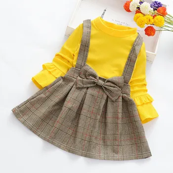 2020. aasta Mood Kootud Väikelapse Tüdrukud Dress Sügisel Ruuduline Pikk Varrukas Võltsitud 2tk Kleidid, Laste Riided Printsess