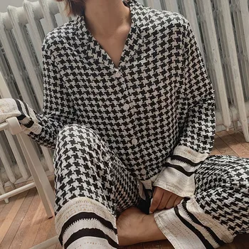 2020. aasta Sügisel Mood Naiste Sleepwear Pyjama Komplekt Pehmed, Mugavad Viskoos Pikkade varrukatega Sobiks Net Punane Houndstooth Prindi Kodus Kandma