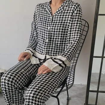 2020. aasta Sügisel Mood Naiste Sleepwear Pyjama Komplekt Pehmed, Mugavad Viskoos Pikkade varrukatega Sobiks Net Punane Houndstooth Prindi Kodus Kandma