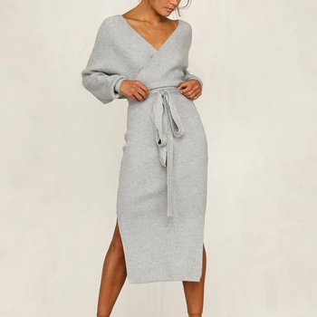 2020. aasta Uus bodycon Kampsun Kleit, Naiste Sügis-Talv Jagatud Sügav V-kaelus Mantel Kleit Seksikas Daam Õhuke Pingul Kleit Streetwear