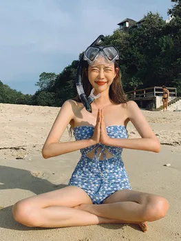 2020. Aasta Uus Korea Naised Ühes Tükis Ujumisriided Lõigatud Õie Ees Väänata Välja Lõigatud Seksikas Maha Õla Kõrge Lõigatud Trikini Monokini Plisseeritud