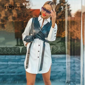 2020. aasta Uus Mood Naised 2 Kahe-kootud Kleit Seksikas Rinnamikrofon Pikad Varrukad Single-Breasted Pikk Särk Kleit + PU Vest Slim Mini Klubi Kleit