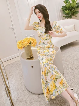 2020. aasta uus naiste suve retro õlimaal õie seksikas trükitud satiin kleit korea versiooni