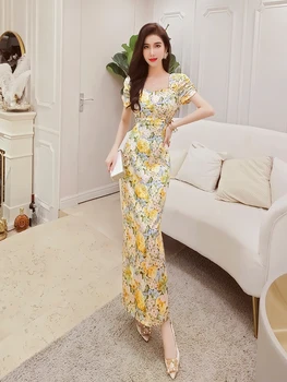 2020. aasta uus naiste suve retro õlimaal õie seksikas trükitud satiin kleit korea versiooni
