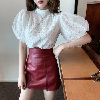 2020 korea mood riided Elegantne Naiste topid ja pluusid Plisseeritud Puhvis Varrukad Valge Pits särk blusa feminina