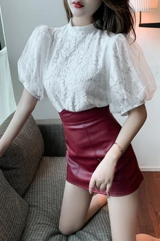 2020 korea mood riided Elegantne Naiste topid ja pluusid Plisseeritud Puhvis Varrukad Valge Pits särk blusa feminina