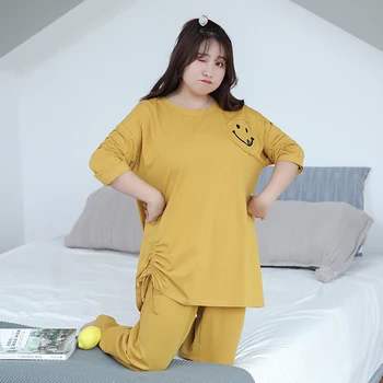 2020 Pluss Suurus 2 Tükki Sügisel Pidžaama Komplekti Naiste Smiley Nägu Pidžaama Sleepwear Pikad Varrukad Nightwear Hingav Rüü Homewear