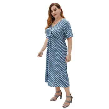 2020 Sinine Pikk Kleit Wummer Kontor Suur Suurus, Naiste Liiga Kleit V Kaela Seksikas Pluss Suurus Triibuline Kleit Naistele Vestidos 4XL