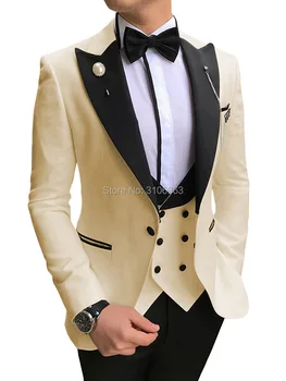 2021 Meeste Ülikonnad 3 Tükki Slim Fit Vabaaja Äri Groomsmen Hall Must Rinnamikrofon Tuxedos Ametlik Mens Pulm Ülikond (Pintsak+Püksid+Vest)