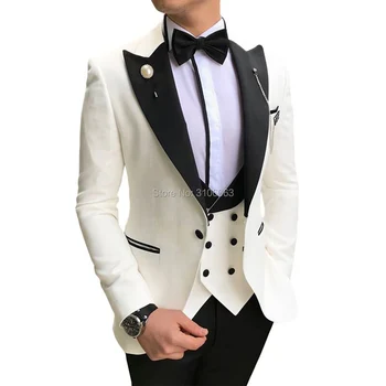 2021 Meeste Ülikonnad 3 Tükki Slim Fit Vabaaja Äri Groomsmen Hall Must Rinnamikrofon Tuxedos Ametlik Mens Pulm Ülikond (Pintsak+Püksid+Vest)