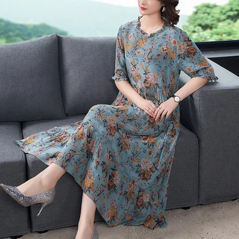 2021 Suvel Mulberry Silk Kõrge Kvaliteedi Midi Kleit Mood Vintage 3XL Pluss Suurus Prindi Raja Kleit Elegantne Naiste Bodycon Vestido