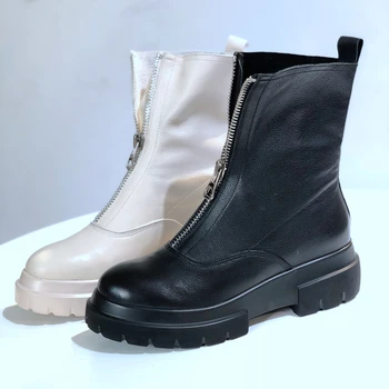2021 uued Naiste kingad Ehtne Nahk Saapad mood Käsitöö lehma nahast Ees tõmblukk platvorm lühikesed saapad 2 värvi black saapad