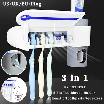3 in 1 Antibakteriaalne Hambahari Hoidja Seinale Tüüp UV Hambahari Sterilizer Automaatne Hambapasta Dosaator suuhügieen Cleaner