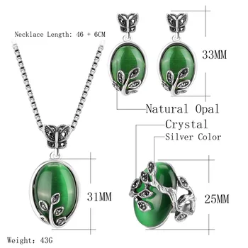 3 Tk/palju Vintage Roheline Opaal Ehted Komplekti Crystal Branch Jätab Rõngas Kõrvarõngad ja Kaelakee Naiste Hõbedast Värvi Ehted