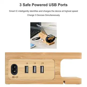 3 USB-Porti Laadimiseks Seista Jaama Laadija Omanik Looduslikust Bambusest Puit Baasi Laadimise Dock Station Eest 3 Seadmeid Üks Kord