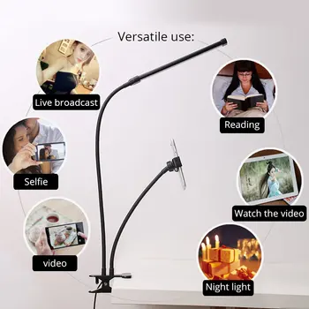 360 Kraadi Mobiiltelefoni Omanik Seista Selfie LED Light Live Stream Pikk Arm Konsool Laud Laisk Toetada Flash LED Valgus