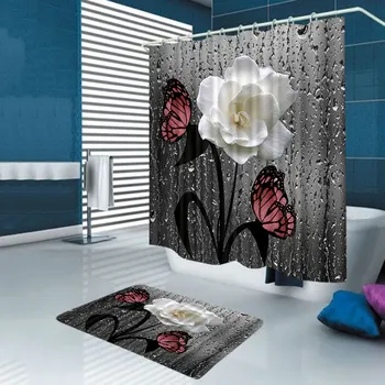 3D Liblikas Lill Maastik Veekindel Dušš Kardin Vannituba Maastik, Puud, Lille, Vann Mat Komplekt Pjedestaal Vaipa Kaanega Wc Kaas
