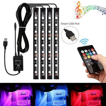 4tk/palju 9LED RGB Auto Interjöör Atmosfääri Jalgade Valgus USB Laadija Decor Lamp