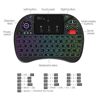 Algne Rii X8 Mini hispaania Juhtmeta Klaviatuur, 5-päevane Tarne koos Touchpad, muutlik värvi LED-Taustvalgustusega, Li-ion Aku TV