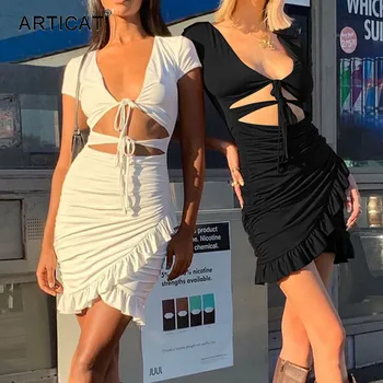 Articat Seksikas V-Kaelus Lace Up Kleit Ruffles Naiste Lühikesed Varrukad Õõnes Välja Bodycon Mini Kleit Elegantne 2020. Aasta Kevadel Kleit Streetwear
