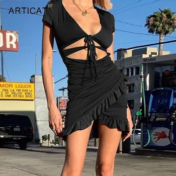 Articat Seksikas V-Kaelus Lace Up Kleit Ruffles Naiste Lühikesed Varrukad Õõnes Välja Bodycon Mini Kleit Elegantne 2020. Aasta Kevadel Kleit Streetwear