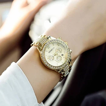 Bling Crystal Naiste Kellad Kuld Mood Genfi Naiste Quartz Watch Roostevabast Terasest Daamid Käekell Relojes Mujer 2020 relogio
