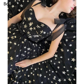 Booma Must Glittery Tähed Tülli Tanssiaiset Kleidid Kullake Seotud Vibu Rihmad Õhtukleidid Vöö Pahkluu Pikkus-Line Ballile Hommikumantlid