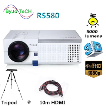 ByJoTeCH RS580 Full HD 1080P LED projektor 5000 luumenit Sisseehitatud Topelt HIFI kõlarid, 3D Proyector Koos 10m HDMI Statiiv