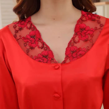 BYSIFA Suvel Silk Satin Naiste Pidžaama Kehtestatakse Hiina Stiilis Punased Tikandid Pruut Pidžaama Komplekt Kevad Sügis Sleepwear Uus Nightgowns