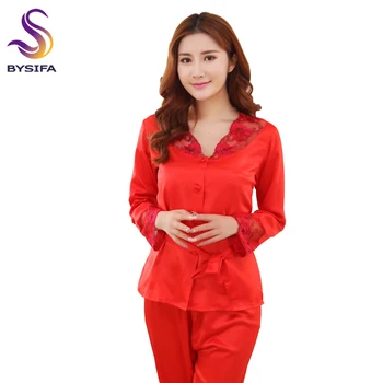 BYSIFA Suvel Silk Satin Naiste Pidžaama Kehtestatakse Hiina Stiilis Punased Tikandid Pruut Pidžaama Komplekt Kevad Sügis Sleepwear Uus Nightgowns