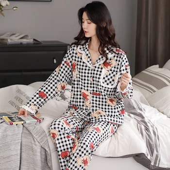 BZEL Armas Ruuduline Pajama Set Home Riided Naistele Puuvill Sleepwear Pikad Varrukad Pikad Püksid Pijama Mujer Suured Pyjama Nighty