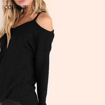 COLROVIE Must Vahvel Koo Külm Õla T-särk Naiste V-kaeluse Vabaaja Tahke Tees 2019 Suvel Streetwear Veniv Seksikas T-särgid