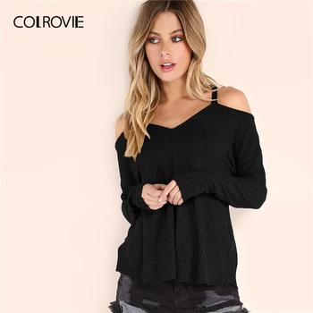 COLROVIE Must Vahvel Koo Külm Õla T-särk Naiste V-kaeluse Vabaaja Tahke Tees 2019 Suvel Streetwear Veniv Seksikas T-särgid
