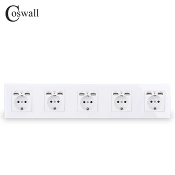 COSWALL 2/3/4/5 Gang Venemaa Hispaania EL Standard seinakontaktist + Dual USB-Laadimine Sadamas Peidetud Pehme LED-Indikaator Klaasist Paneel