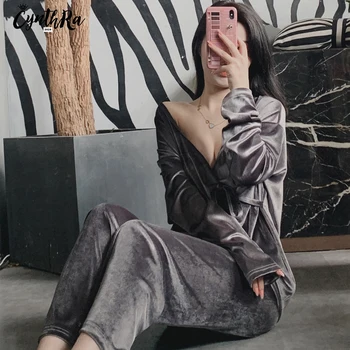 CYNTHRA Sleepwear Naiste Sexy Kulla Velvet Sügav V Kimono Pidžaama Sügisel Pikkade varrukatega Vabaaja Pits Daamid Homewear Pidžaama Komplekt