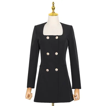 Daamid Elegantne kaherealine Slim Must Bleiser Kleit 2020. Aasta Kevadel Sügisel Vintage Square Krae Pikk Varrukas Mini Kleit Naistele