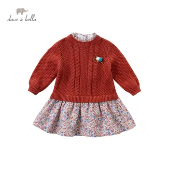 DB14920 dave bella sügisel beebi tüdruk on armas bow lilleline kampsun kleit laste mood pool kleit lapsed imiku lolita riided