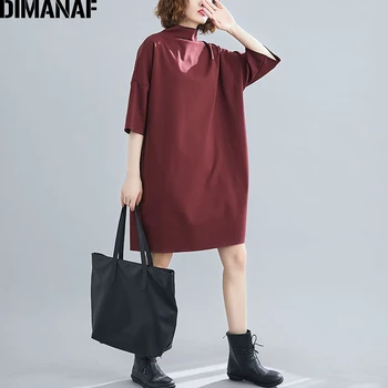 DIMANAF Pluss Suurus Naiste Kleidid Kevadel Põhilised Naiste Riided Elegantne kõrge kaelusega Vestidos Mood Vabaaja Lady Kleit Tahke Puuvill