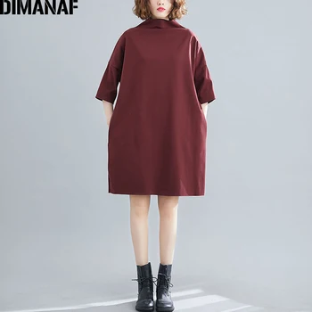DIMANAF Pluss Suurus Naiste Kleidid Kevadel Põhilised Naiste Riided Elegantne kõrge kaelusega Vestidos Mood Vabaaja Lady Kleit Tahke Puuvill