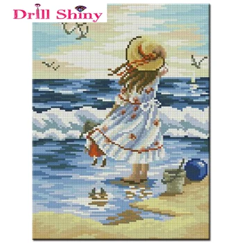 Diy square diamond mosaiik maal täielik tikandid ristpistes cartoon maastiku tüdruk rannas lapse tuba teenetemärgi kingitus