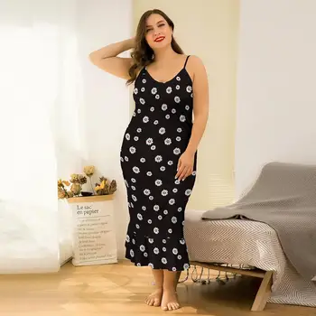 DOIB Mustad Spagetid Rihm Sleepwear Suured Naised Õie Printida Nightwear Ruffle Kleit Mõõdus Pluss Suurus Suvine Kleit