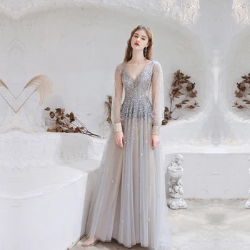 Dubai Luksuslik Pikad Varrukad Õhtukleit 2021 Uus Uhke V-Kaeluse Beaded Kristall Profileerimine Seksikas Tagasi Ametliku Kleit