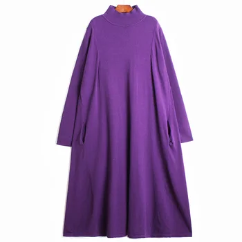 [EAM] Naised Mitmevärviline Pikk Sinine Kudum Kleit Uus kõrge kaelusega Pika Varrukaga Loose Fit Mood Tõusulaine Sügis-Talv 2021 1DD3408