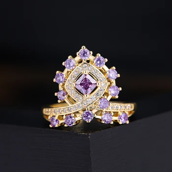 Elegantne Naiste Lilla Kristall Kivi Ring Vintage Gold Color Pulmad Rõngad Naistele Luksuslik Suur Võra Tsirkoon Kihlasormus